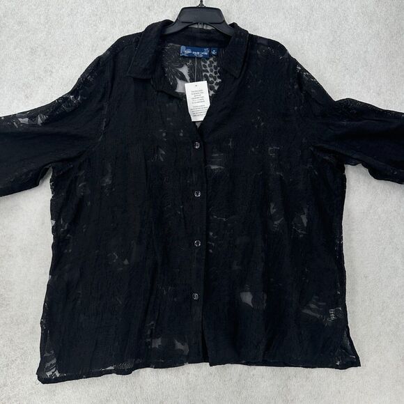 NWT SUSAN GRAVER Blouse Womens 3X Black Burnout Sheer Popover Button Top - Picture 3 of 10